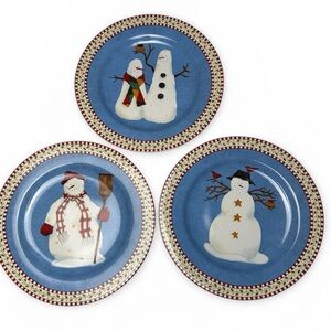 Debbie Mumm 3 Salad Dessert Plates Snowman Sakura Winter Christmas Oneida Stone